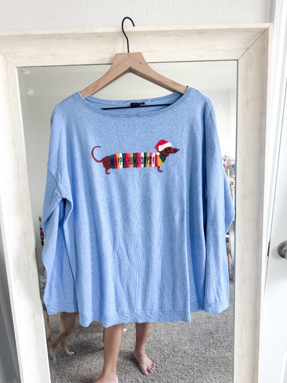 Talbots Size L Blue Dachshund Happy Howlidays Christmas Sweater